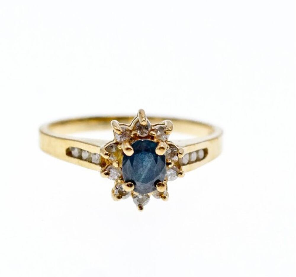 14K Yellow Gold Dark Blue Spinel & Diamonds Ring Size 5.5